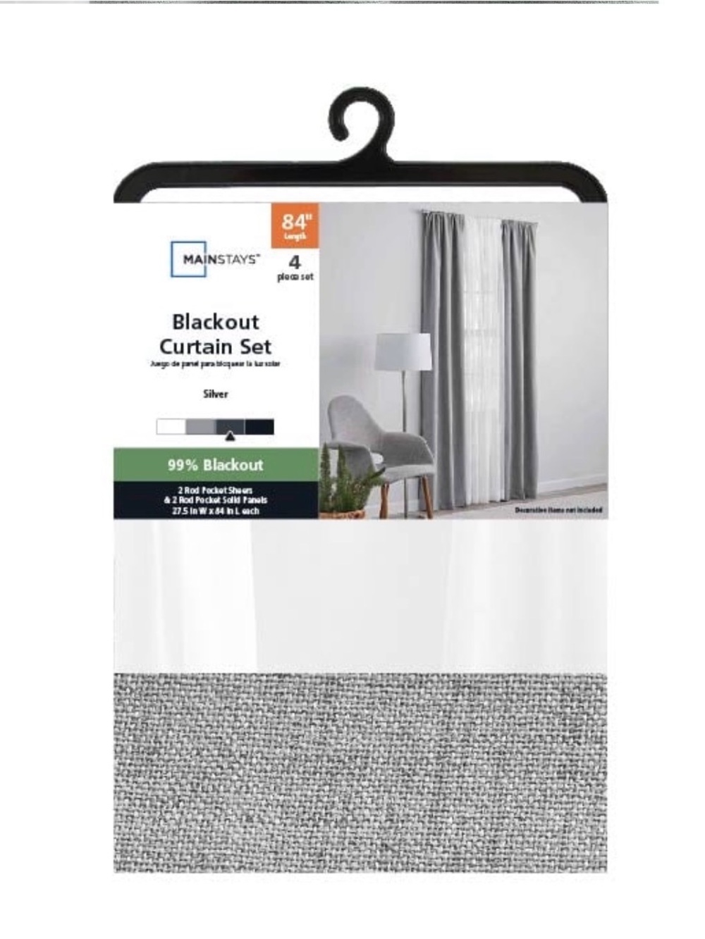 Mainstays Gray Twlll Solid Blackout Curtain Panel and Sheers Set of 4